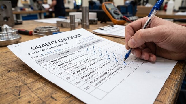 Close-up of a checklist (Quality Checklist) with checkmarks.