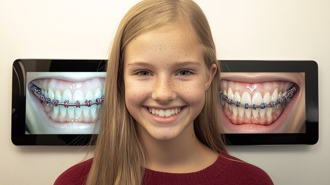 Happy teenage girl smiling confidently with orthodontic progress images displayed on digital tablet screens in background
