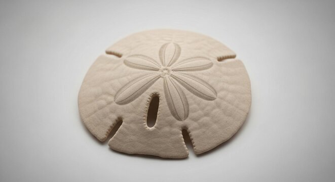 Sand dollar with intricate patterns. Close-up of a marine shell on neutral background, detailed and textured.