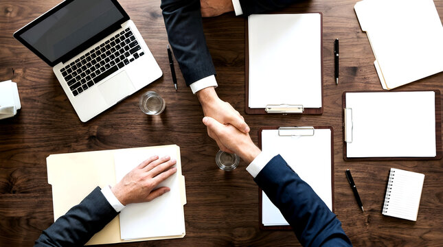 Two professionals shaking hands above a wooden office table with documents with surrounded office supplies