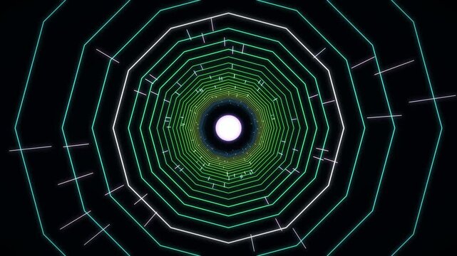 Abstract digital art featuring a glowing white portal at the end of a green and white octagonal tunnel.