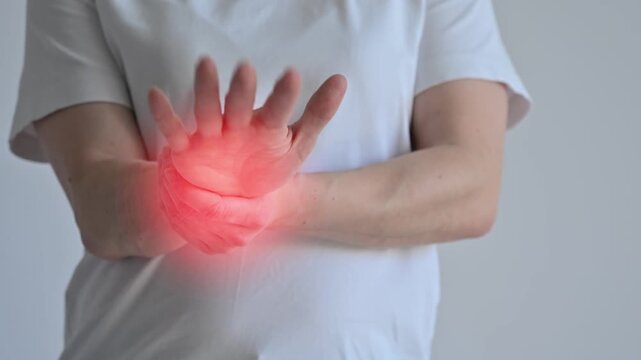 A woman suffers from wrist pain. The source of the pain is depicted as a red spot.