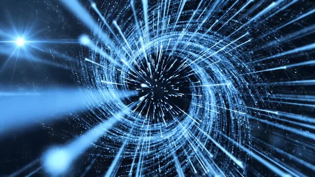 Dynamic abstract blue light particles swirling and exploding outwards