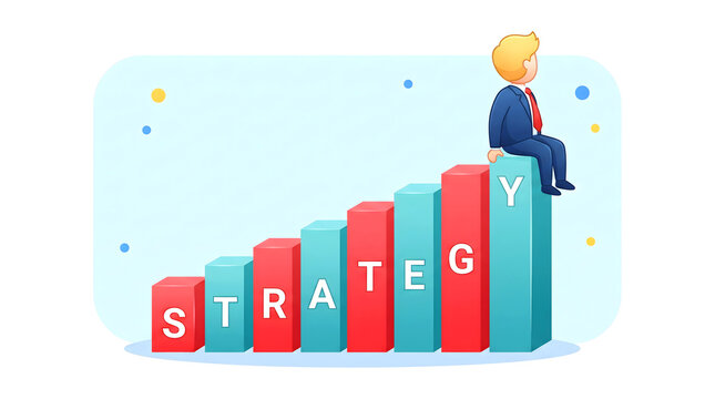 Professional businessman sitting atop rising bar chart representing success and strategic growth business concept