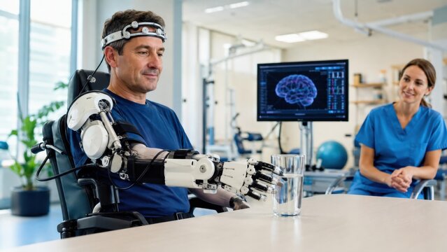 Patient controlling robotic exoskeleton arm with EEG headset