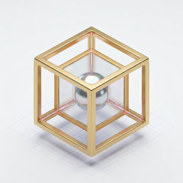 3D geometric golden cube frame with glass cube and silver sphere core representing data asset and core technology concept, generative AI