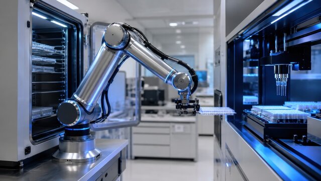 Robotic arm moving microplate in smart laboratory automation