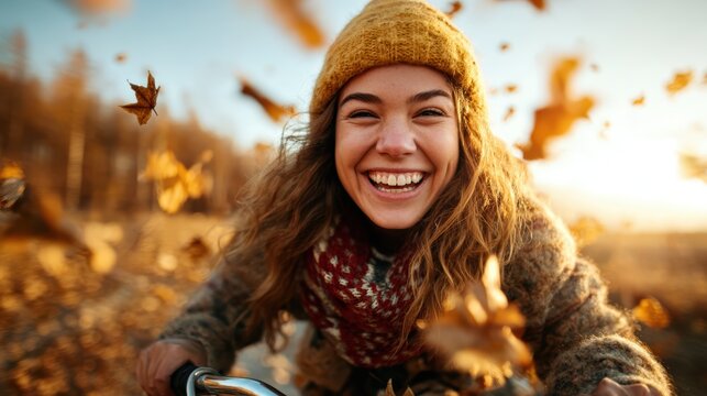 A happy young woman rides her bicycle through a landscape filled with fallen autumn leaves, capturing pure joy and freedom in a vibrant moment of connection with nature.