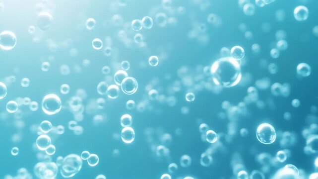 Abstract macro view of luminous clear bubbles rising through a clean, fresh blue liquid, creating a serene and sparkling natural background effect