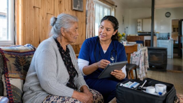 Nurse providing home healthcare to senior woman with tablet