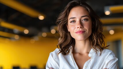 Obraz premium A confident young woman with an approachable smile stands in a modern office environment, representing professionalism and warmth in corporate culture.