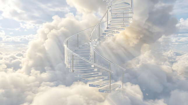 Glass spiral staircase in clouds