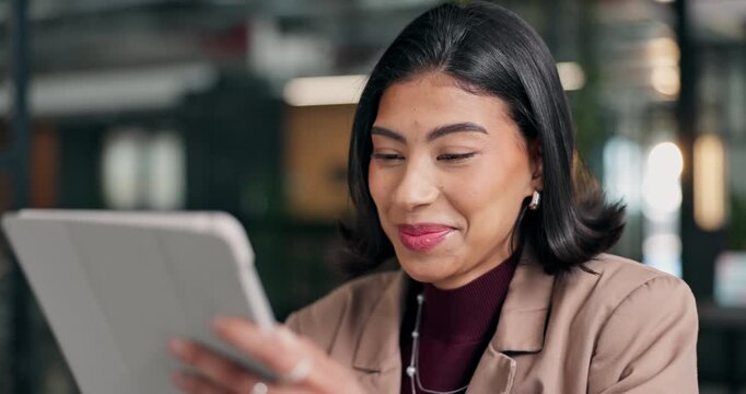 Woman, scroll and laugh in office with tablet, internet joke and AI meme for social media marketing. Happy, person and browsing in agency with tech, humor and funny brand comment on online ad post.