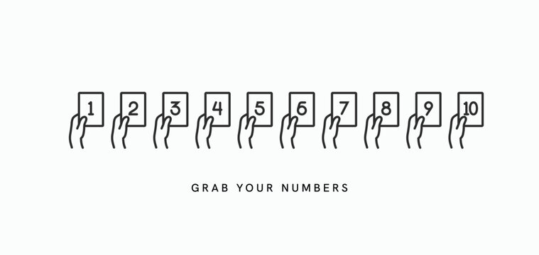 Hand holding pieces of queue number icons set. Hand grab queue number card 1 to 10 simple line outline style symbol logo icon sign