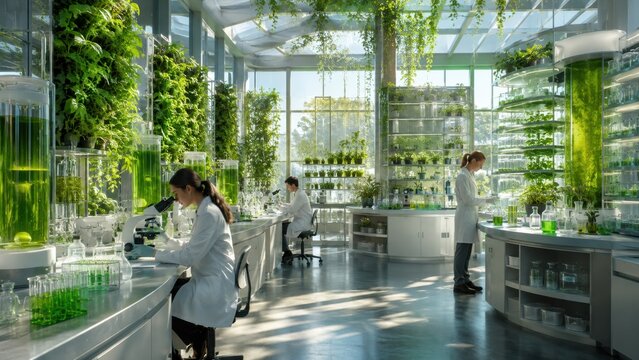 Scientists working in sun-drenched biophilic green laboratory