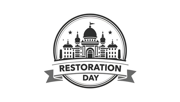 Vintage restoration day logo with circular frame and architectural building silhouette isolated on white background restoration building architecture circular monochrome historical