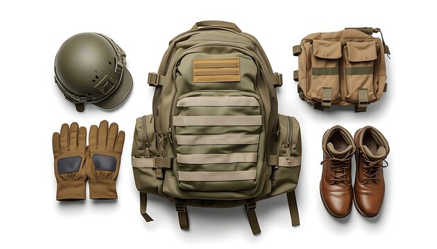 Military equipment gear set including backpack helmet and boots with military equipment backpack tactical protection survival accessories adventure security supplies camouflaged
