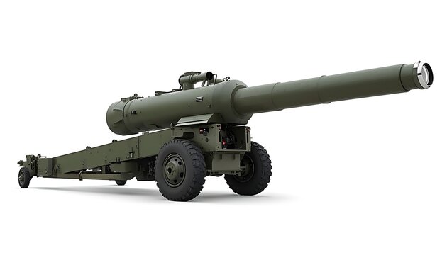 Military field artillery cannon isolated against plain white background with artillery military tactical weaponry firepower strategic equipment isolated background armaments security