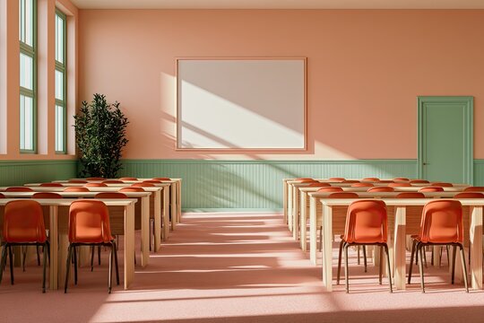 Sunlit rows of empty desks and chairs in a softly colored classroom