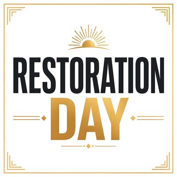 Restoration day elegant graphic with golden rising sun icon and vintage border restoration typography celebration anniversary heritage commemoration template isolated background