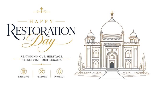 Happy restoration day commemorative poster with building sketch and heritage icons restoration heritage building architecture commemoration celebration anniversary typography national