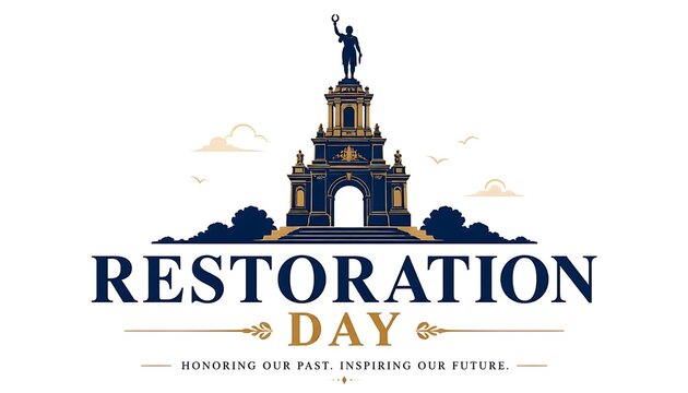 Restoration day commemorative logo featuring classic stone architectural monument restoration monument architecture building heritage commemoration typography structure landmark