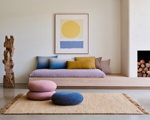 Fototapeta premium Modern living room with minimalist art and textured furnishings