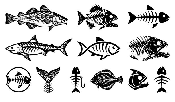 Black Fish Skeleton Bones Vector Pack Illustration