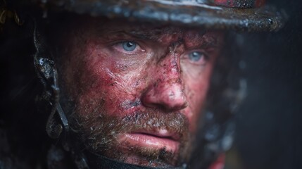 Fototapeta premium A close portrait of a firefighter covered in soot and sweat reveals the bravery and resilience required in service, capturing the true spirit of heroism in emergency response.