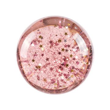 Transparent clear acrylic sphere with pink glitter and metallic star foils, decorative glass orb isolated on transparent background