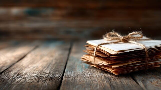 A beautifully arranged stack of vintage letters tied with rustic twine is displayed on a wooden surface, evoking nostalgia and the charm of vintage correspondence.