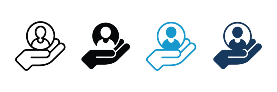 Customer care icon set representing user support client retention personalized service hand with avatar rotating arrow in multiple styles vector illustration