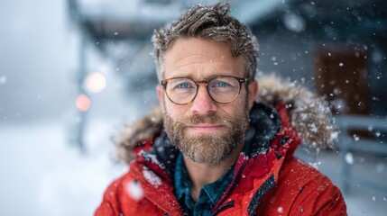Fototapeta premium A rugged man with glasses and a full beard sits outdoors in a cozy winter jacket, surrounded by falling snowflakes, radiating warmth and resilience during the cold season.