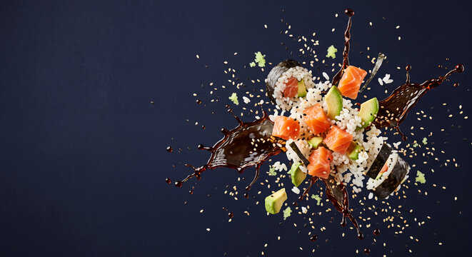 Salmon Avocado Sushi Roll Exploding with Soy Sauce Splash and Sesame Seeds