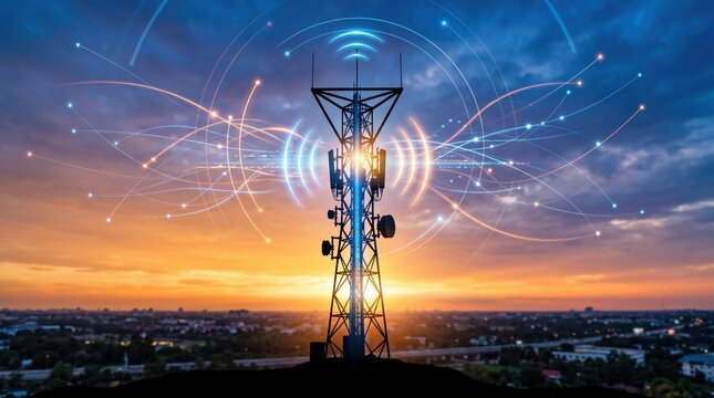 Telecommunications tower silhouetted against vibrant sunset sky emitting wireless signal waves and data streams, illustrating 5G network, mobile connectivity, broadband internet