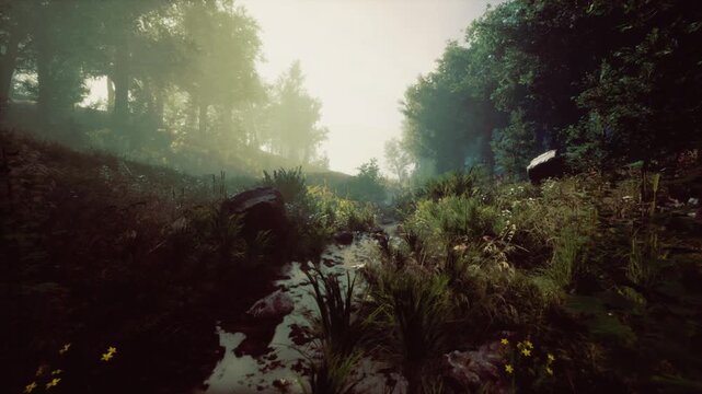 Sunlit misty creek through dense forest, golden backlight creating long shadows across dewkissed grasses, winding bank invites hiker exploration, reflective