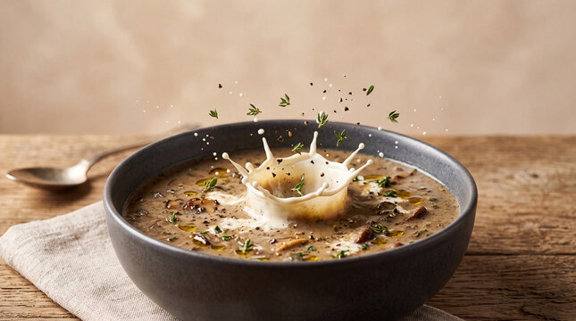 Creamy Wild Mushroom Soup with Crown Milk Splash and Floating Thyme