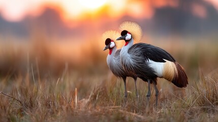 Obraz premium Two majestic cranes stand elegantly in a serene field as the sun sets, showcasing their vibrant plumage and forming a striking silhouette against the colorful backdrop of dusk.