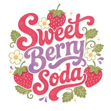 A colorful sign displays the words Sweet Berry Soda with decorative strawberries and flowers. The design is bright and captures attention for a summer drink or event