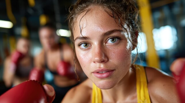 A close-up shot of a young woman training in a boxing gym, sweat glistening on her face, reflecting determination and focus as she engages in her workout with multiple people in the background.
