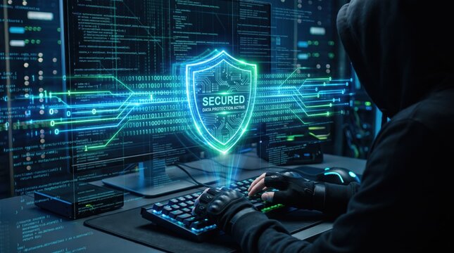 Cyber security with hacker typing code and digital shield protecting data, network defense system, information privacy encryption, firewall active status, cybersecurity threat