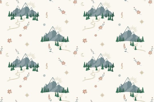 Seamless pattern featuring stylized mountain peaks, pine trees, suns, and small floral in a muted color palette on a light background