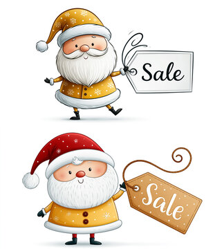 Funny cartoon playful Santa Claus with price tag with text Sale isolated on white background