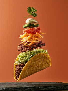 Exploded view of a taco with ingredients suspended in air