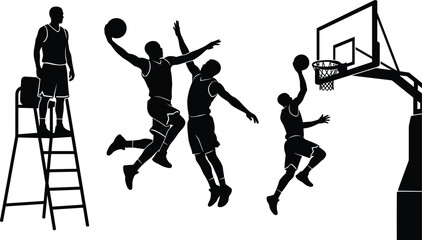 Basketball player action silhouettes featuring dunking blocking shooting positions hoop net ring and referee ladder elements © MdAnarulIslam
