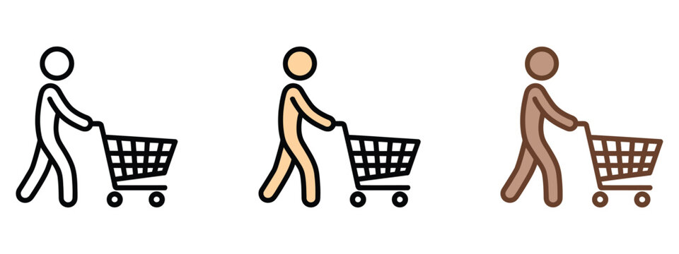 Shopping cart icon set with diverse people for grocery store retail shopping customer activity and multicultural consumer concepts
