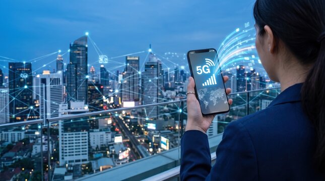 Woman holding smartphone with 5G icon, digital network connecting modern city skyline at dusk, representing global connectivity and future communication technology.