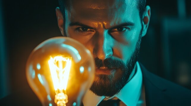 Intense portrait of a man holding a glowing light bulb, symbolizing innovation, ideas, and a bright future with a focused gaze