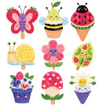 Nine characters display various desserts and insects. Each character has a simple face and bright colors. This fun design is ideal for kids and playful themes