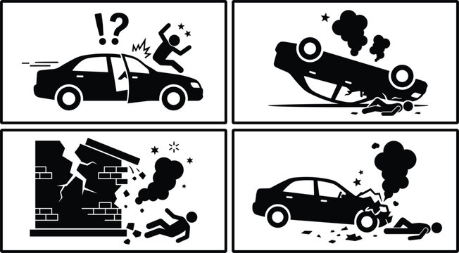 Car accident and road collision scenes icon set showing pedestrian hit vehicle rollover and wall crash
